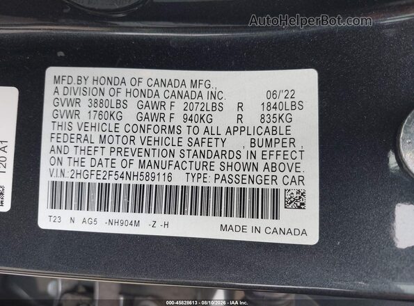 2HGFE2F54NH589116 2022 HONDA CIVIC Gray Widok komory silnika
