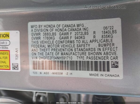 2HGFE2F54NH591710 2022 HONDA CIVIC Silver Вид підкапотного простору