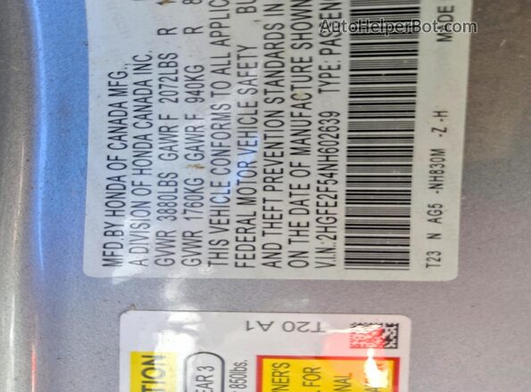 2HGFE2F54NH602639 2022 HONDA CIVIC Silver Vista del compartimento del motor