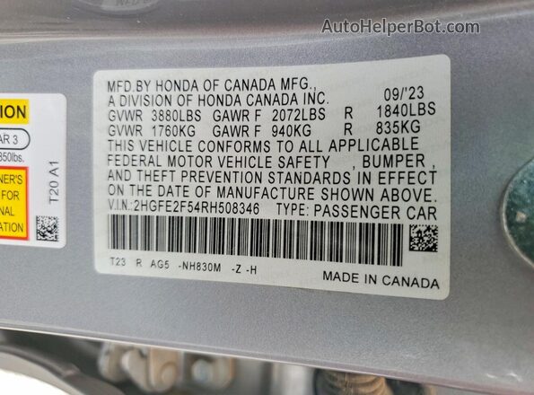 2HGFE2F54RH508346 2024 HONDA CIVIC Silver Vista del compartimento del motor