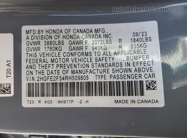 2HGFE2F54RH509805 2024 HONDA CIVIC Gray 