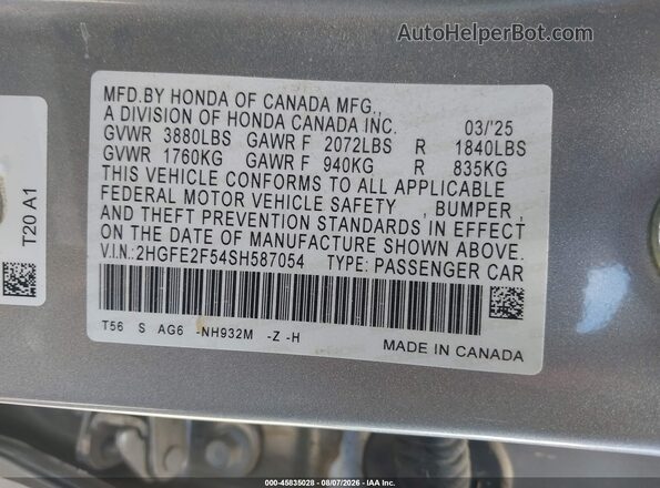 2HGFE2F54SH587054 2025 HONDA CIVIC Silver Vista del compartimento del motor