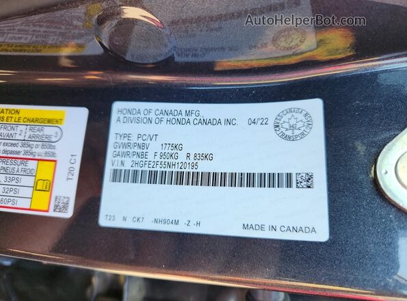 2HGFE2F55NH120195 2022 HONDA CIVIC Gray VIN կոդի պիտակի տեսք