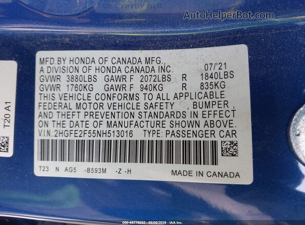 2HGFE2F55NH513016 2022 HONDA CIVIC Blue ძრავის განყოფილების ხედი