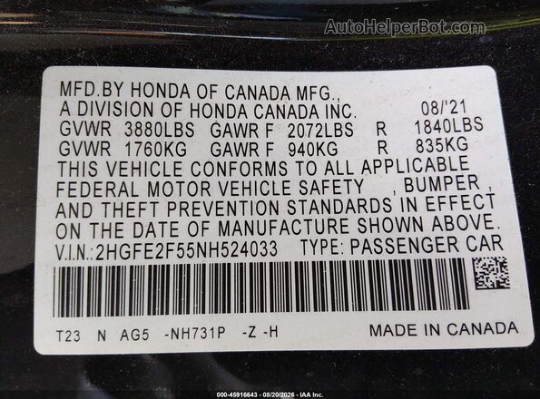 2HGFE2F55NH524033 2022 HONDA CIVIC Black Widok komory silnika
