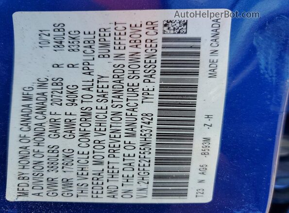 2HGFE2F55NH537428 2022 HONDA CIVIC Blue Vista del compartimento del motor