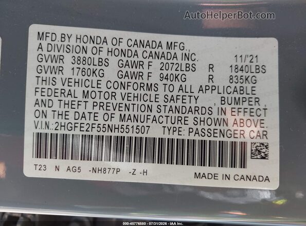2HGFE2F55NH551507 2022 HONDA CIVIC Light Blue ძრავის განყოფილების ხედი