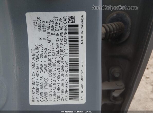 2HGFE2F55NH551541 2022 HONDA CIVIC Blue ძრავის განყოფილების ხედი