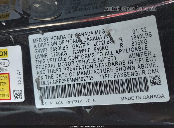 2HGFE2F55NH562765 2022 HONDA CIVIC Black Vista del compartimento del motor