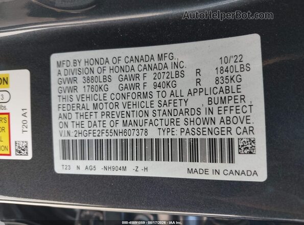 2HGFE2F55NH607378 2022 HONDA CIVIC Gray Շարժիչի բաժամունքի տեսք