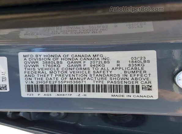 2HGFE2F55PH536671 2023 HONDA CIVIC Gray VIN კოდის სტიკერის ხედი