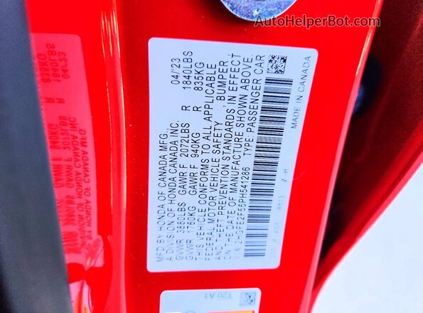 2HGFE2F55PH541286 2023 HONDA CIVIC Red VIN կոդի պիտակի տեսք