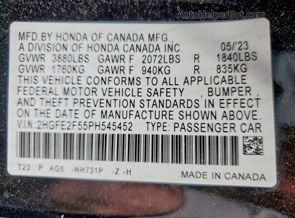 2HGFE2F55PH545452 2023 HONDA CIVIC Черный Вид подкапотного пространства