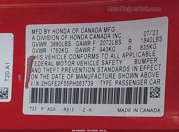 2HGFE2F55PH563739 2023 HONDA CIVIC Red Շարժիչի բաժամունքի տեսք