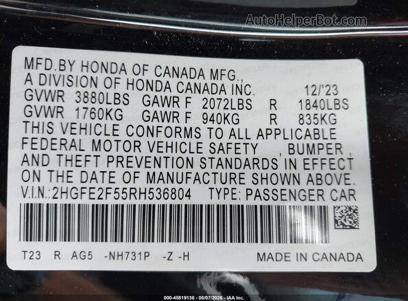 2HGFE2F55RH536804 2024 HONDA CIVIC Black Engine compartment view