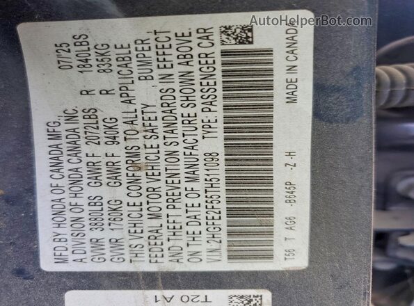 2HGFE2F55TH511098 2026 HONDA CIVIC Blue Engine compartment view