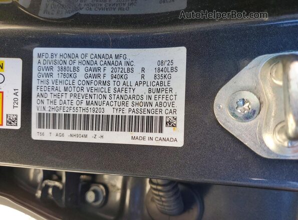 2HGFE2F55TH519203 2026 HONDA CIVIC Charcoal Engine compartment view