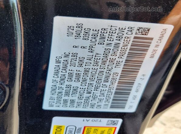 2HGFE2F55TH536129 2026 HONDA CIVIC Black VIN კოდის სტიკერის ხედი