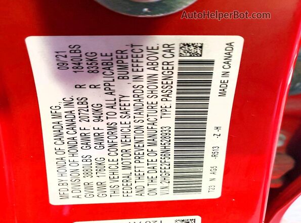 2HGFE2F56NH528933 2022 HONDA CIVIC Red Widok naklejki z numerem VIN
