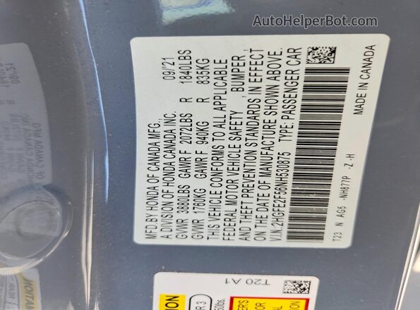 2HGFE2F56NH530875 2022 HONDA CIVIC Teal ძრავის განყოფილების ხედი
