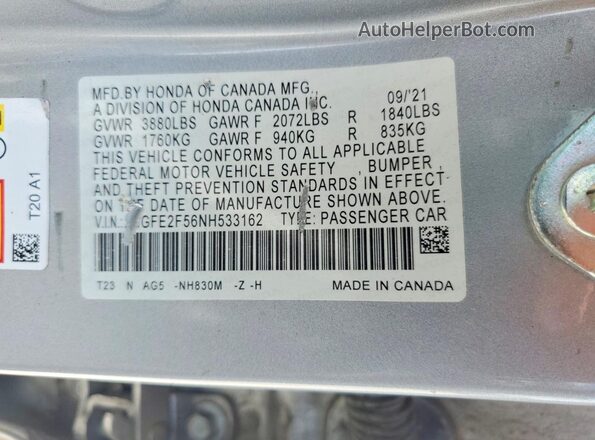 2HGFE2F56NH533162 2022 HONDA CIVIC Silver Շարժիչի բաժամունքի տեսք