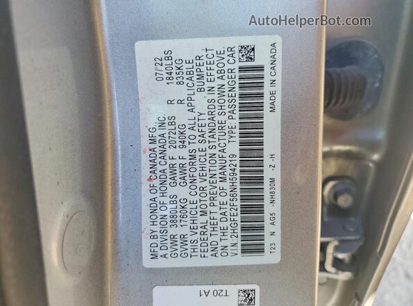 2HGFE2F56NH594219 2022 HONDA CIVIC Silver Вид наклейки з VIN-кодом