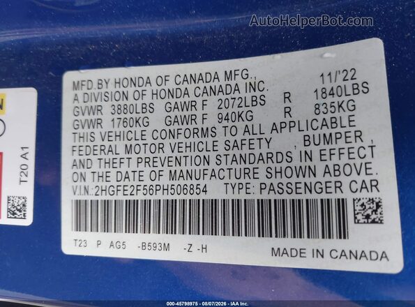 2HGFE2F56PH506854 2023 HONDA CIVIC Blue Engine compartment view