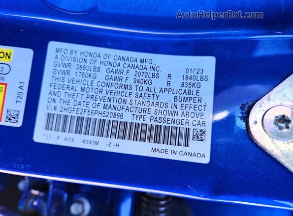 2HGFE2F56PH520866 2023 HONDA CIVIC Blue VIN կոդի պիտակի տեսք
