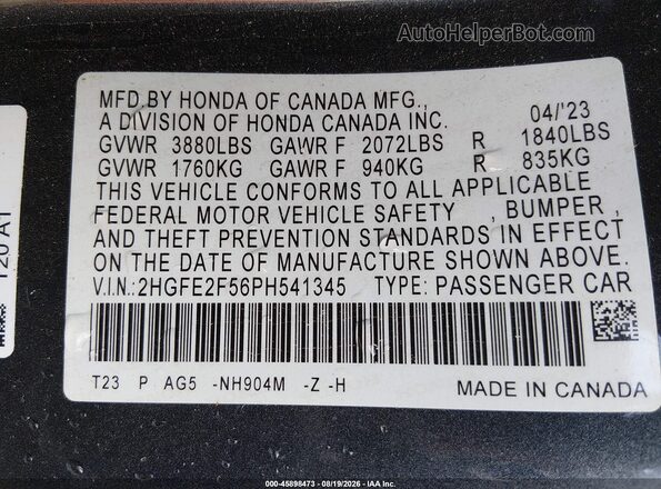 2HGFE2F56PH541345 2023 HONDA CIVIC Gray Вид підкапотного простору