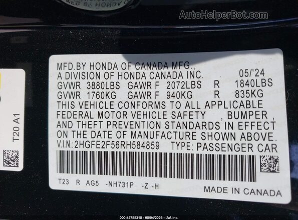 2HGFE2F56RH584859 2024 HONDA CIVIC Black Շարժիչի բաժամունքի տեսք