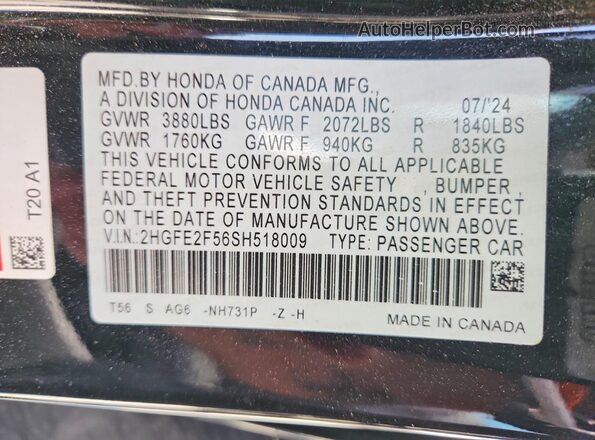 2HGFE2F56SH518009 2025 HONDA CIVIC Черный Вид наклейки с VIN-кодом