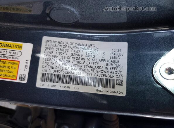 2HGFE2F56SH541645 2025 HONDA CIVIC Charcoal VIN კოდის სტიკერის ხედი
