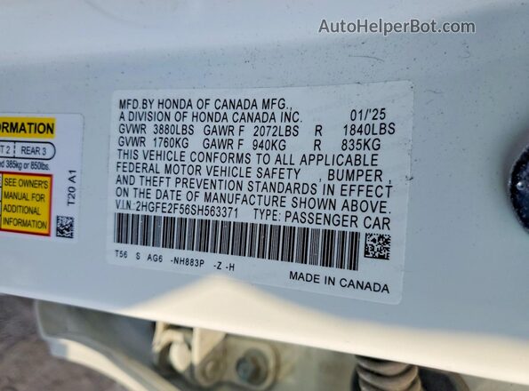 2HGFE2F56SH563371 2025 HONDA CIVIC White VIN կոդի պիտակի տեսք