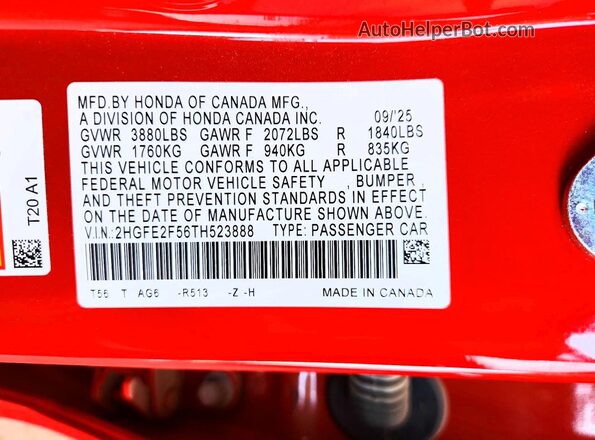 2HGFE2F56TH523888 2026 HONDA CIVIC Red Շարժիչի բաժամունքի տեսք