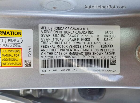 2HGFE2F57NH506097 2022 HONDA CIVIC Silver ძრავის განყოფილების ხედი