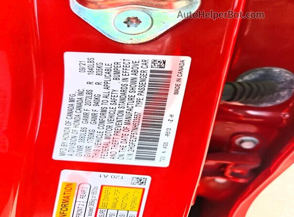 2HGFE2F57NH533557 2022 HONDA CIVIC Red Շարժիչի բաժամունքի տեսք