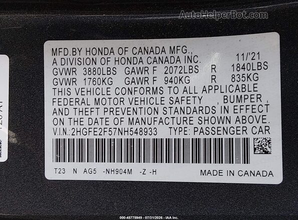 2HGFE2F57NH548933 2022 HONDA CIVIC Gray Շարժիչի բաժամունքի տեսք