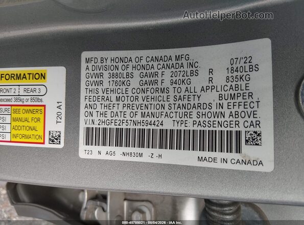2HGFE2F57NH594424 2022 HONDA CIVIC Серебряный Вид подкапотного пространства