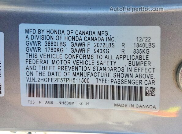 2HGFE2F57PH511500 2023 HONDA CIVIC Silver Вид підкапотного простору