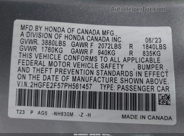 2HGFE2F57PH561457 2023 HONDA CIVIC Silver Շարժիչի բաժամունքի տեսք