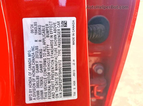 2HGFE2F57SH501672 2025 HONDA CIVIC Red Вид підкапотного простору