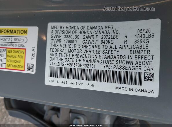 2HGFE2F57SH602131 2025 HONDA CIVIC Gray Շարժիչի բաժամունքի տեսք