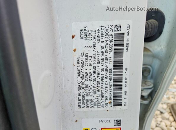 2HGFE2F57TH511488 2026 HONDA CIVIC White Vista de la etiqueta del VIN