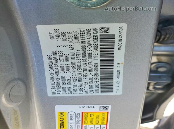 2HGFE2F58NH519909 2022 HONDA CIVIC Silver VIN կոդի պիտակի տեսք