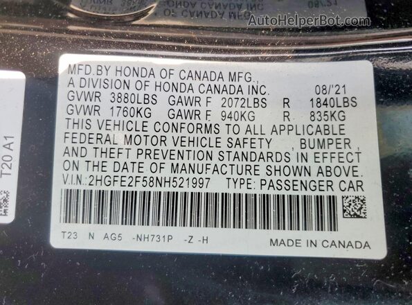 2HGFE2F58NH521997 2022 HONDA CIVIC Black Vista de la etiqueta del VIN