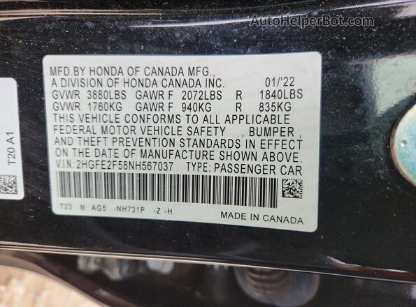 2HGFE2F58NH567037 2022 HONDA CIVIC Black Engine compartment view