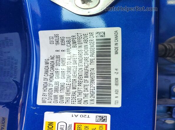 2HGFE2F58NH576174 2022 HONDA CIVIC Blue VIN sticker view