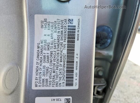 2HGFE2F58NH602627 2022 HONDA CIVIC Silver ძრავის განყოფილების ხედი