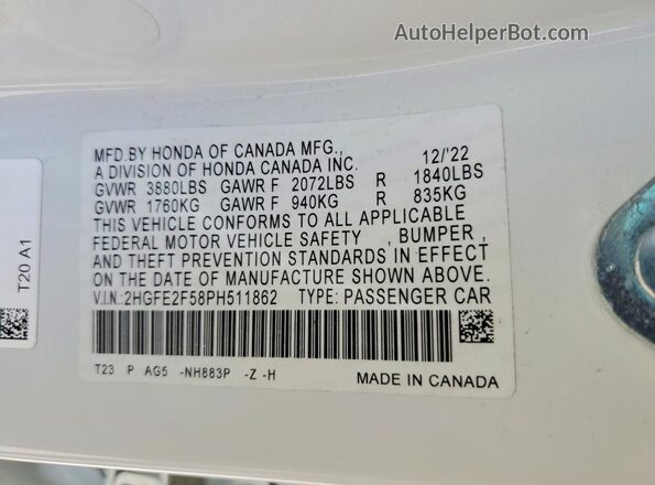 2HGFE2F58PH511862 2023 HONDA CIVIC Белый Вид подкапотного пространства