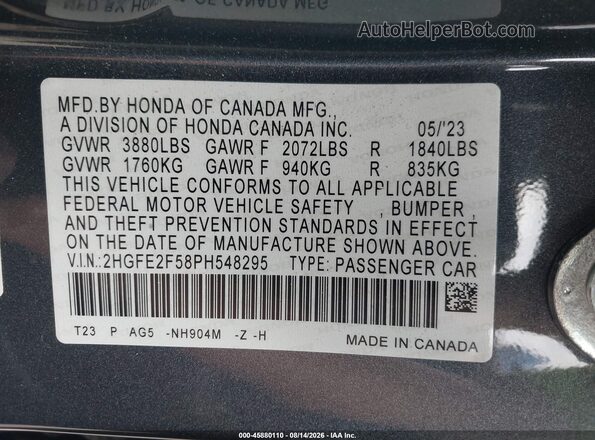 2HGFE2F58PH548295 2023 HONDA CIVIC Gray Widok komory silnika